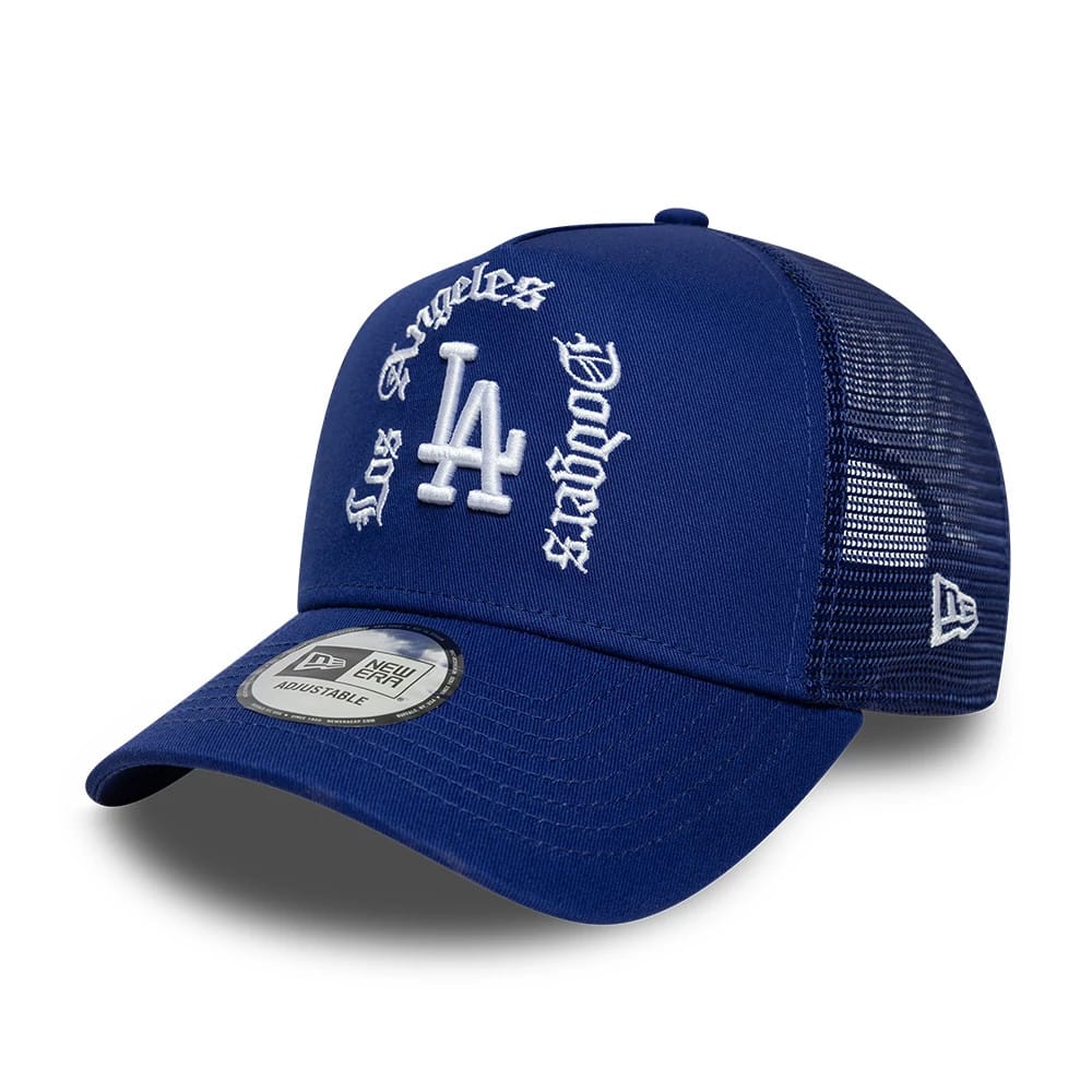 Pictured is this MLB Script LA Dodgers 9FORTY A-Frame Trucker cap in dark blue. 1