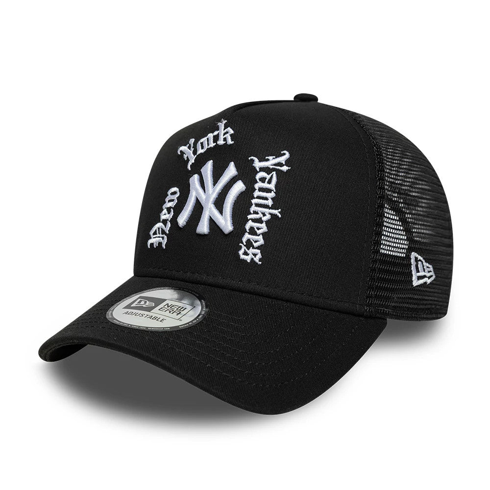 New York Yankees MLB Script Black New Era 9FORTY A-Frame Trucker Adjustable Cap, three-quarter view showing raised white embroidered New York script and Yankees logo on the front panel, black mesh rear panels.