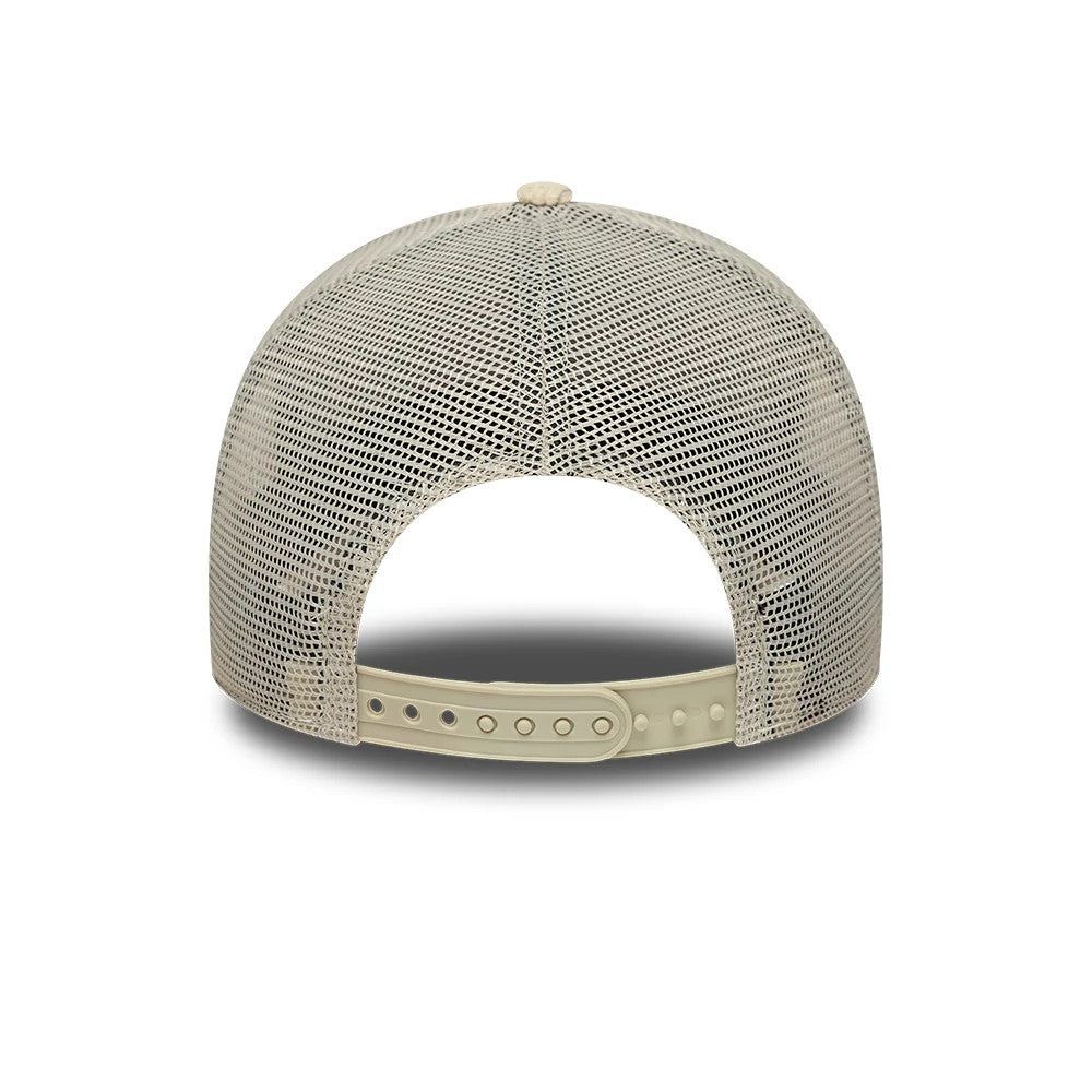 LA Dodgers MLB Cord Cream New Era 9FORTY A-Frame Trucker Adjustable Cap, rear view showing a cream mesh crown with a curved opening, a cream plastic adjustable strap with multiple holes for sizing, and a top button in matching cream.
