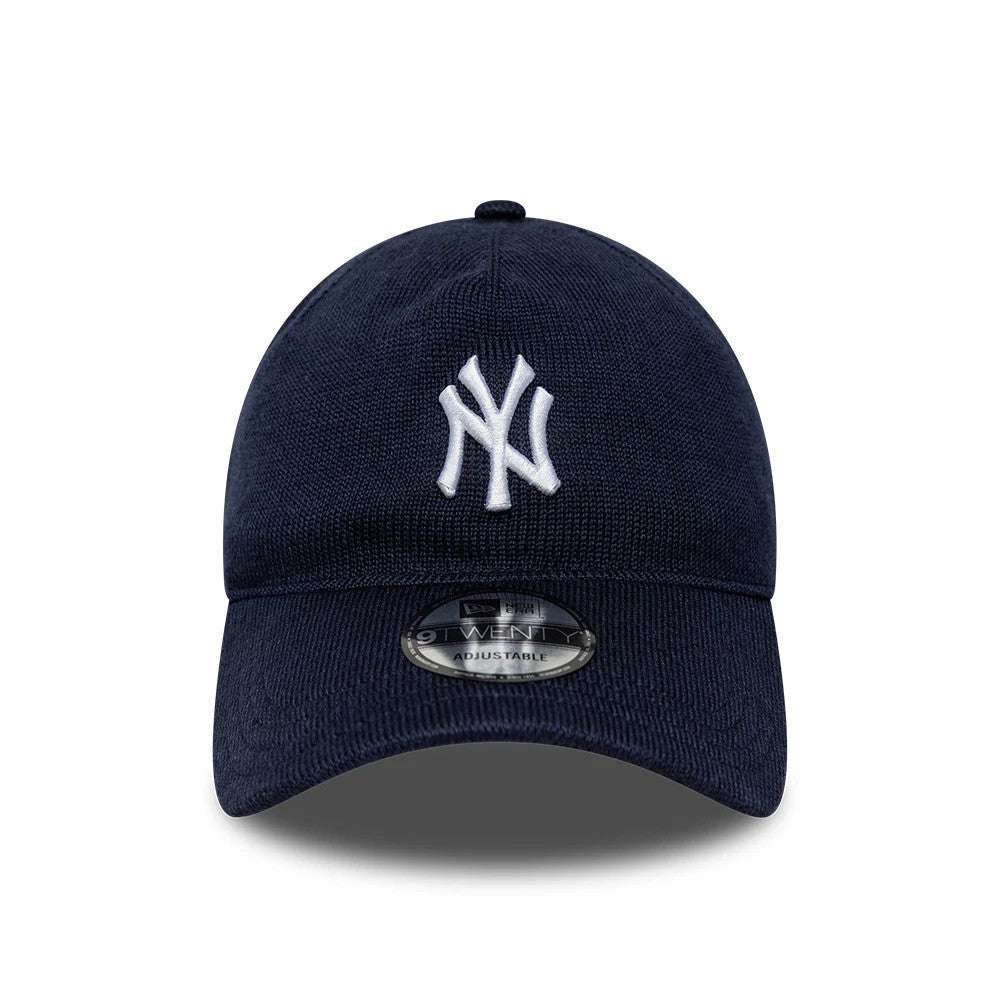 New York Yankees MLB Knitted Navy New Era 9TWENTY A-Frame Adjustable Cap, front view showing the raised white embroidered NY logo on the navy crown, a matching navy curved visor, and a 9TWENTY size sticker on the visor.