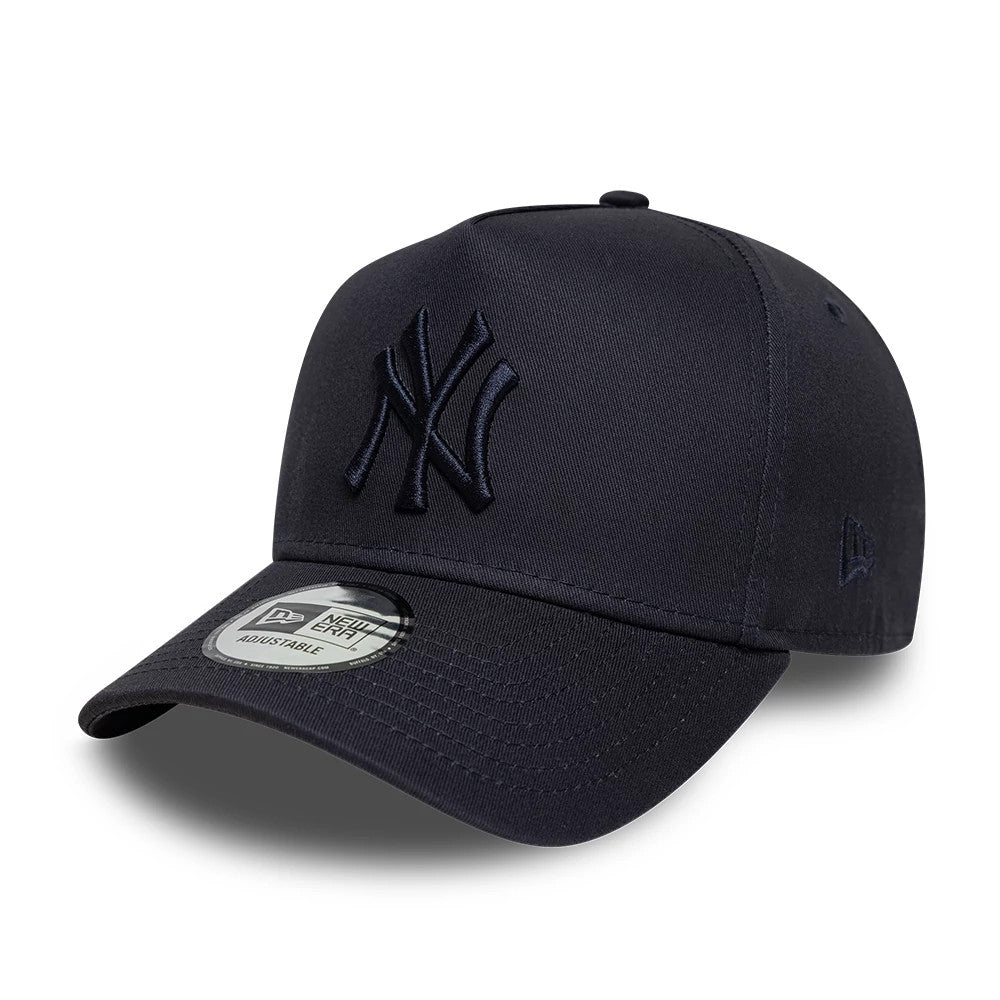 New York Yankees MLB League Essential Navy New Era 9FORTY A-Frame Adjustable Cap, three-quarter view with the raised navy NY logo embroidered on the structured front panel, pre-curved visor with a 9FORTY size sticker.