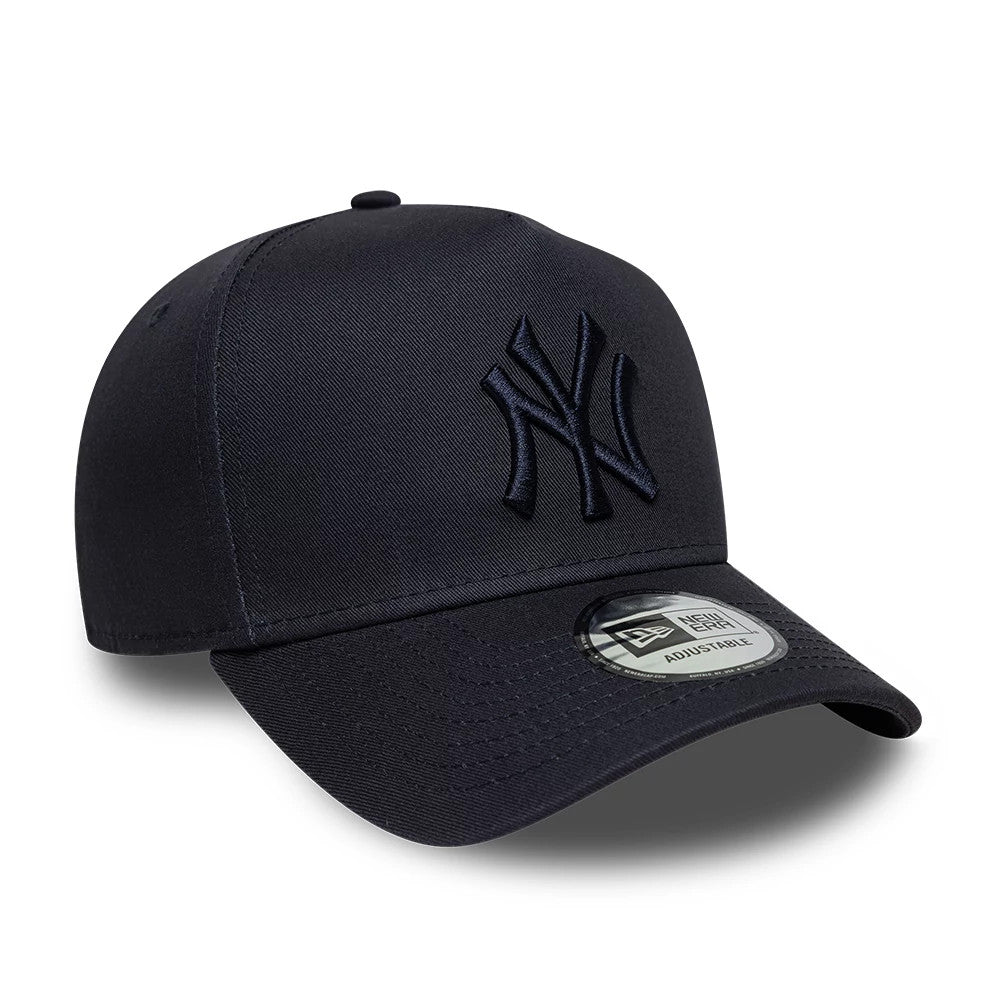 New York Yankees MLB League Essential Navy New Era 9FORTY A-Frame Adjustable Cap, three-quarter view showing the navy raised embroidered NY logo on the front panel, curved navy visor with a 9FORTY size sticker, and the structured crown.