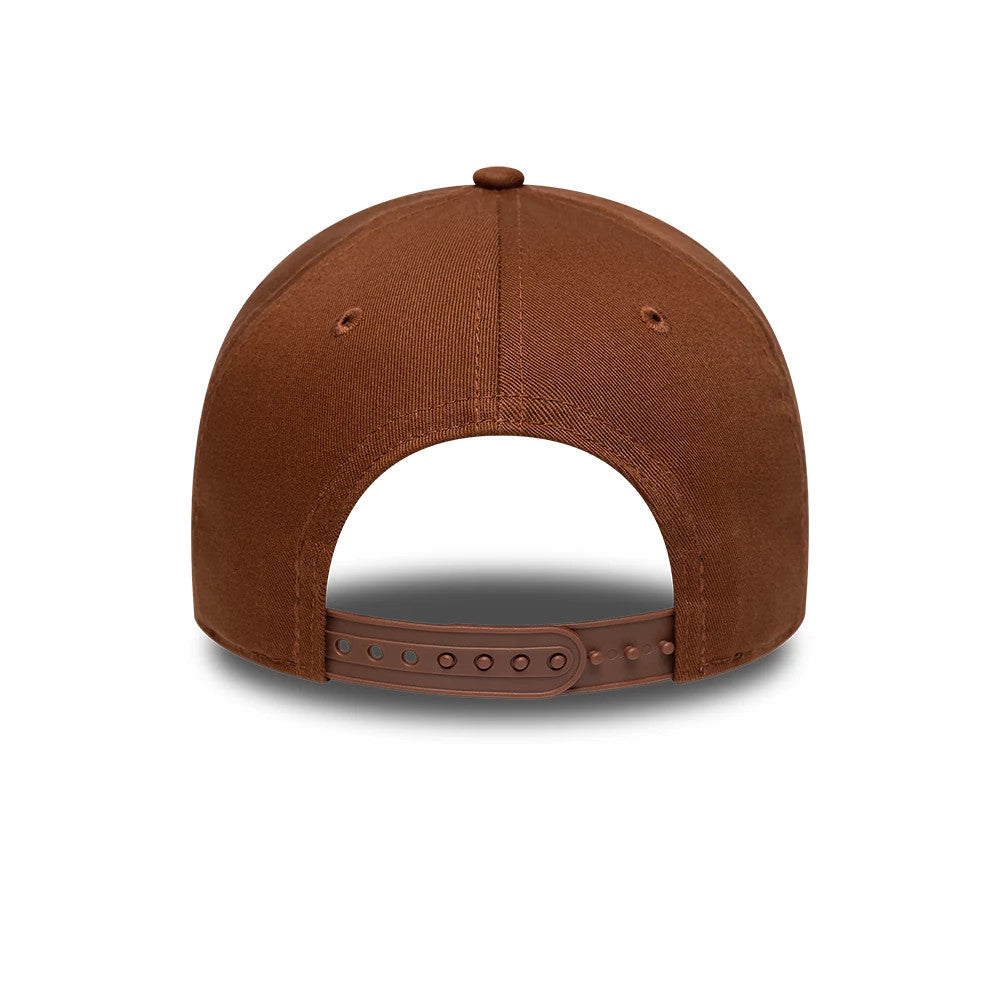 LA Dodgers MLB League Essential Brown New Era 9FORTY E-Frame Adjustable Cap, rear view showing the brown adjustable strap with multiple fastening holes, brown eyelets on the structured crown, and no back embroidery or logos.