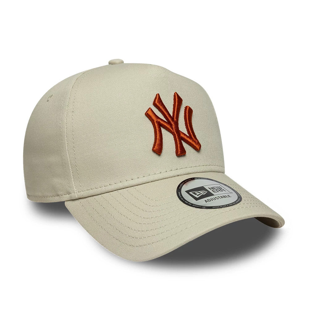New York Yankees MLB League Essential Cream New Era 9FORTY E-Frame Adjustable Cap, front view showing the orange raised embroidered NY logo on the front panel, curved cream visor and the 9FORTY size sticker.