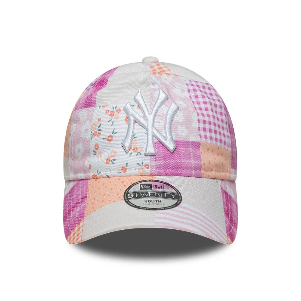 Pictured is this Youth MLB Patchwork New York Yankees 9TWENTY cap in pastel pink. 2