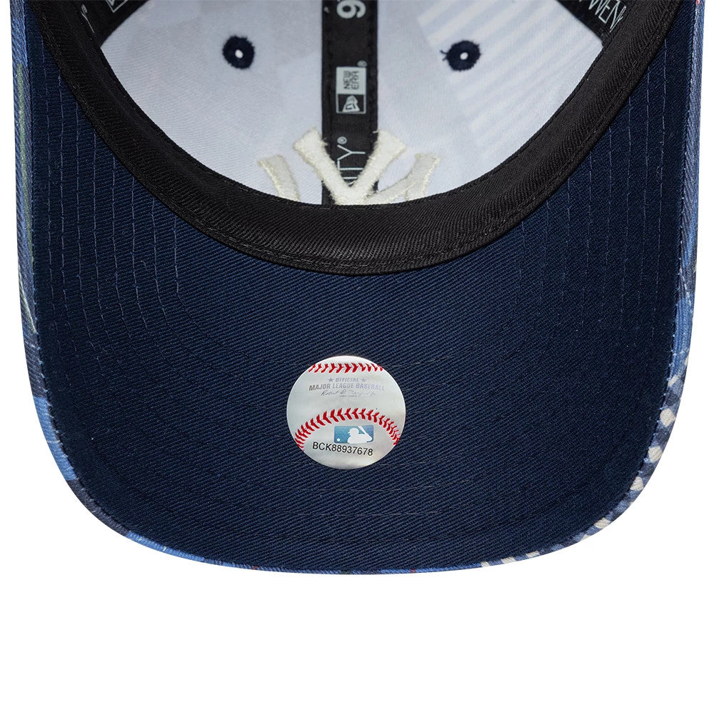 Youth New York Yankees MLB Patchwork Navy New Era 9TWENTY Adjustable Cap, inside view showing the black sweatband and taping with white New York Yankees embroidery under the crown, and an official MLB holographic sticker on the blue undervisor.