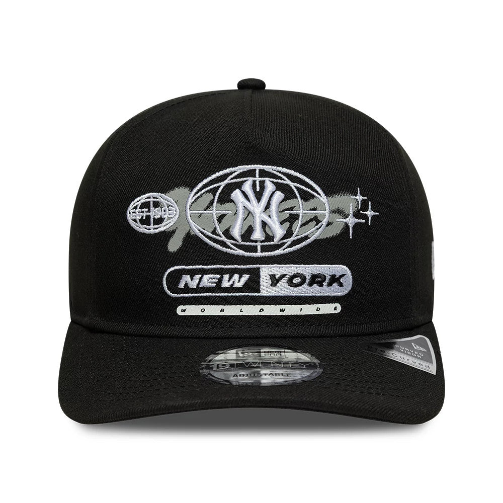 New York Yankees MLB Graphic Black New Era 19TWENTY Adjustable Cap, front view showing the intricate white embroidered Yankees logo within a globe graphic on the crown, with a curved black visor and a 19TWENTY size sticker on the visor.