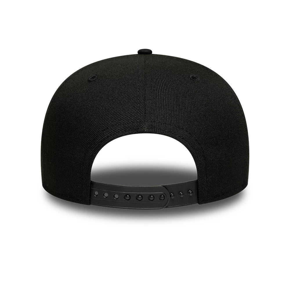 New York Yankees MLB Graphic Black New Era 19TWENTY Adjustable Cap, rear view showing the plain black structured crown with embroidered eyelets and a black adjustable snap closure, enhancing fit and comfort.