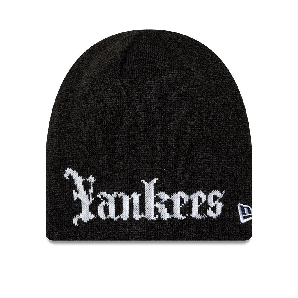 Pictured is this MLB Script New York Yankees Skull Knit Beanie hat in black. 1