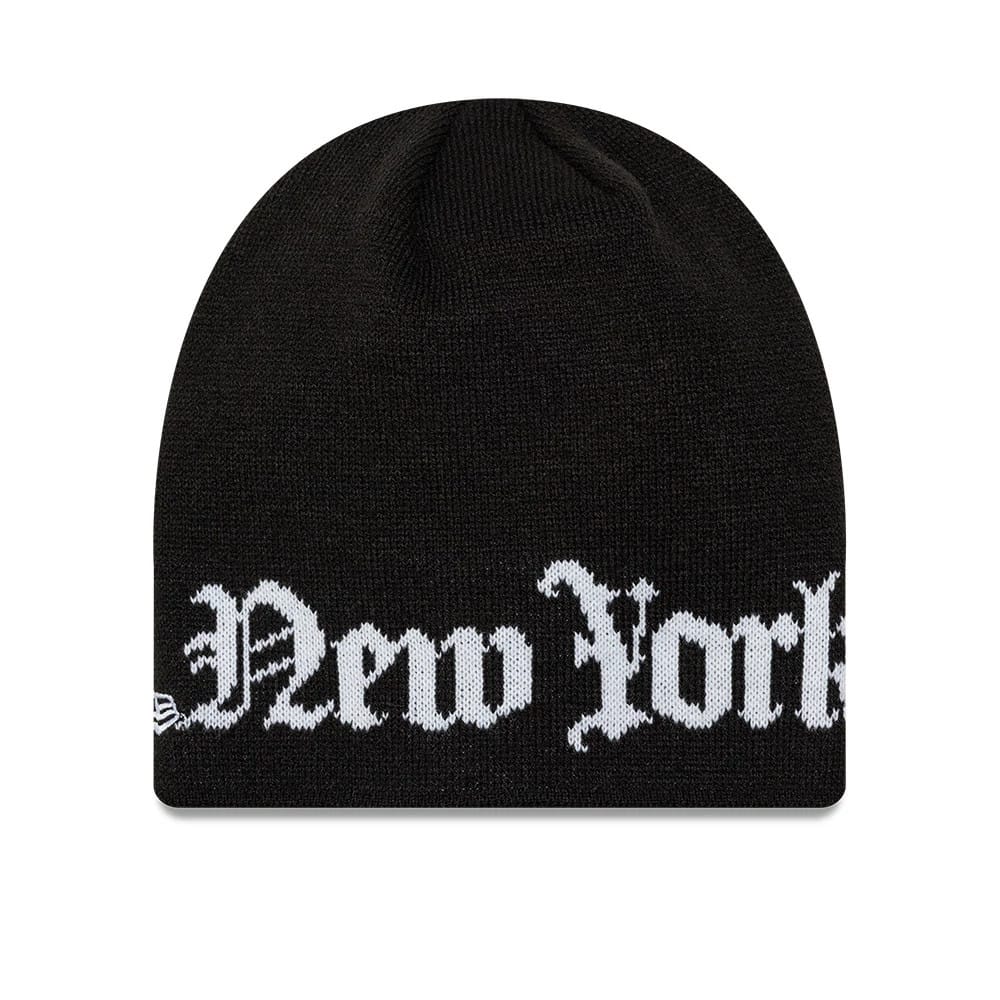 Pictured is this MLB Script New York Yankees Skull Knit Beanie hat in black. 2