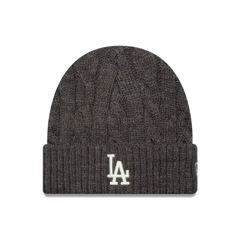 New Era LA Dodgers MLB Short Charcoal Skull Knit Beanie Hat, front view showing the LA logo in raised white embroidery on the ribbed turn-up cuff, with a cable knit pattern across the main charcoal body of the beanie.