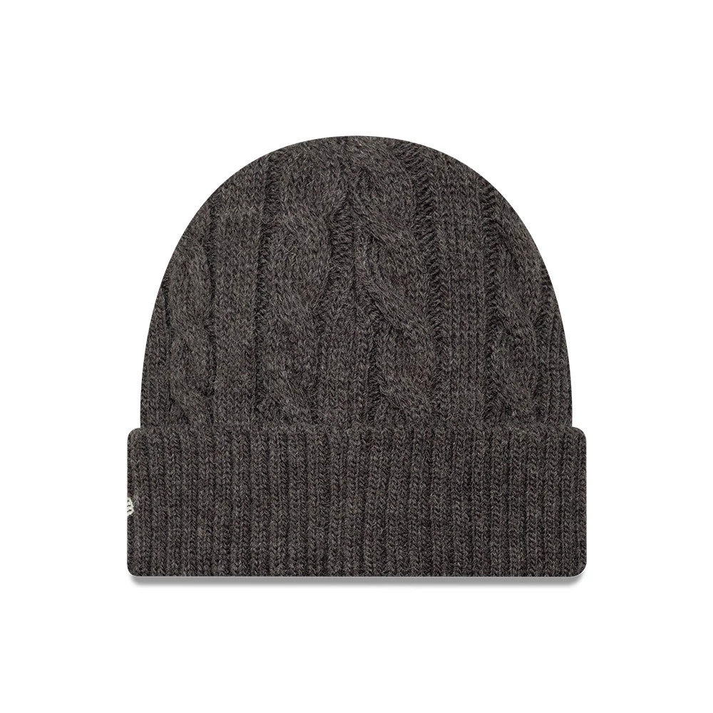 New Era LA Dodgers MLB Short Charcoal Skull Knit Beanie Hat, front view showing a cable knit pattern on the crown with a ribbed cuff, featuring the New Era flag logo embroidered on the left side of the charcoal beanie.
