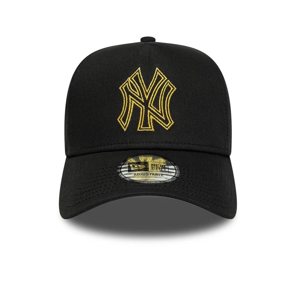 Pictured is this MLB Metallic Outline New York Yankees 9FORTY A-Frame cap in black. 2