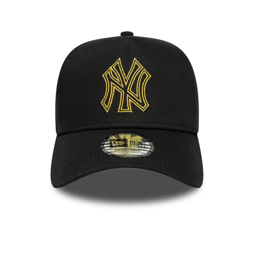 Pictured is this MLB Metallic Outline New York Yankees 9FORTY A-Frame cap in black. 2