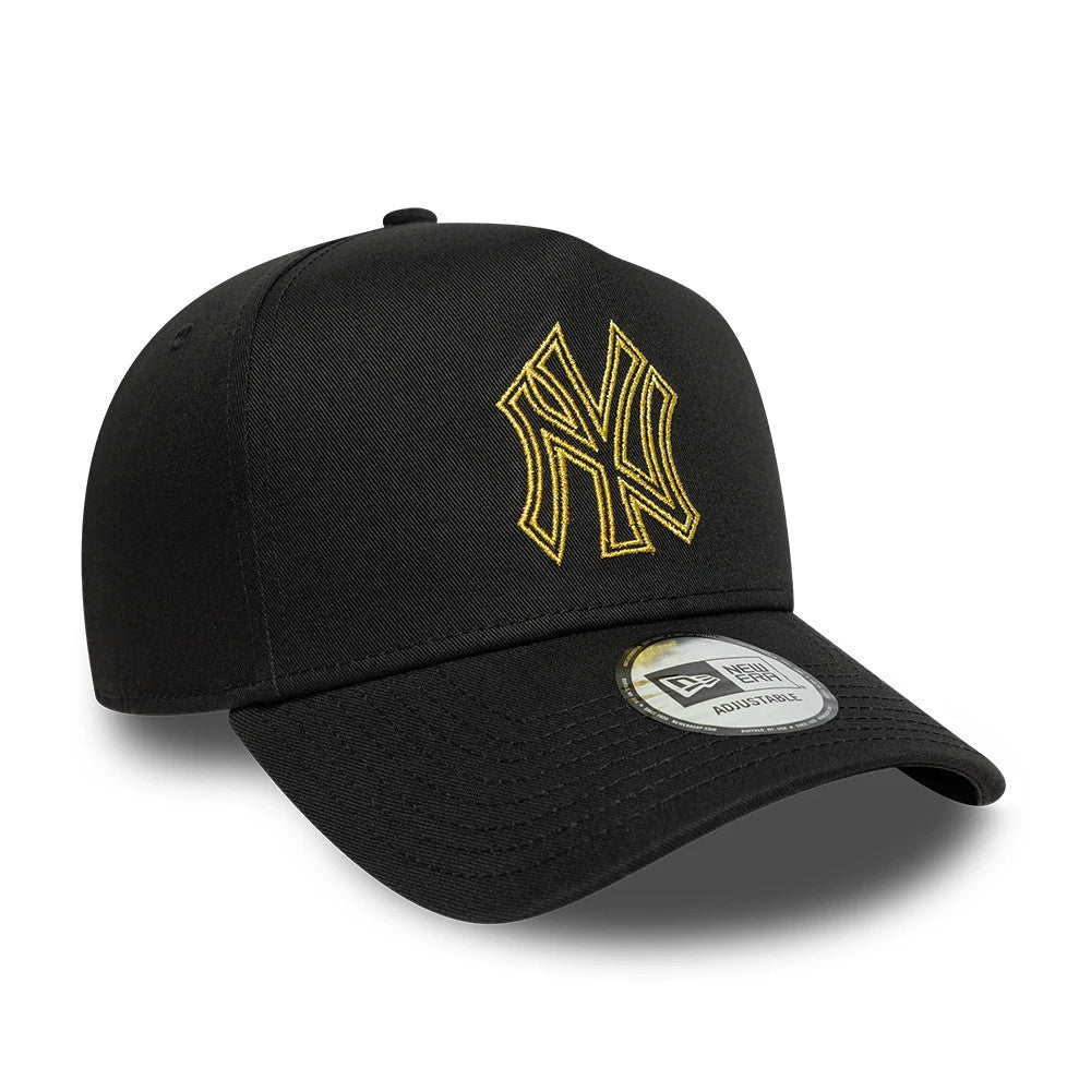 New York Yankees MLB Metallic Outline Black New Era 9FORTY A-Frame Adjustable Cap, three-quarter view showing the raised gold embroidered NY logo on the front panels, black curved visor, and 9FORTY size sticker on the visor.