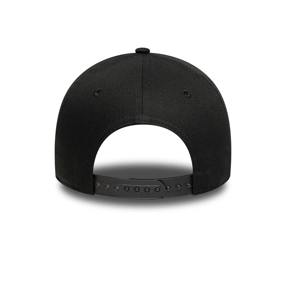 New York Yankees MLB Metallic Outline Black New Era 9FORTY A-Frame Adjustable Cap, rear view showing a plain back with an adjustable black strap, embroidered eyelets on each back panel, and a rounded black crown for a classic look.