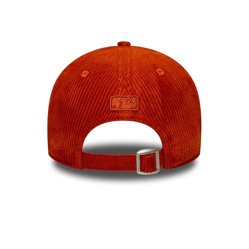 LA Dodgers MLB Cord Red New Era 9FORTY M-Crown Adjustable Cap, rear view showing the embroidered MLB Batterman logo at the centre back above the opening, with a silver buckle on the adjustable strap for a customised fit.