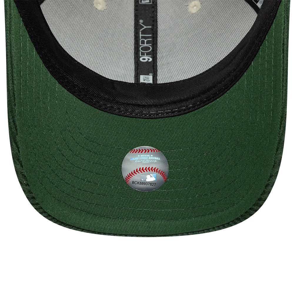 LA Dodgers MLB Cord Cream & Green New Era 9FORTY M-Crown Adjustable Cap, inside view showing the black sweatband, grey taping featuring the 9FORTY branding, and the green undervisor with a detailed holographic baseball sticker.