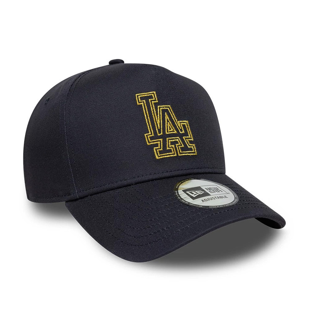 LA Dodgers MLB Metallic Outline Navy New Era 9FORTY A-Frame Adjustable Cap, front view showing the gold outlined LA logo in raised embroidery on the structured navy crown, with a curved visor and a 9FORTY size sticker on the top.