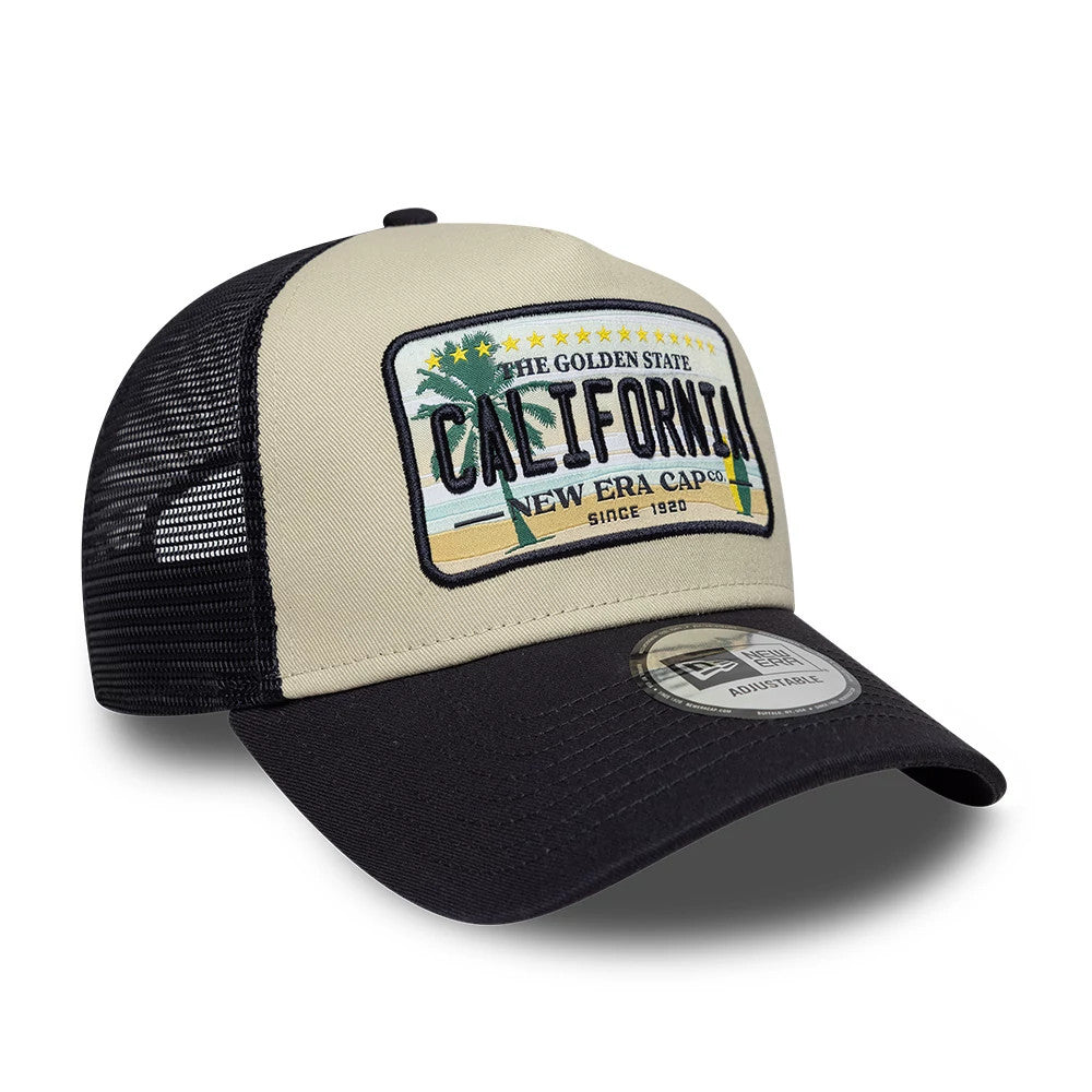 Pictured is this New Era Cali Licence Plate 9FORTY A-Frame Trucker cap in navy. 3