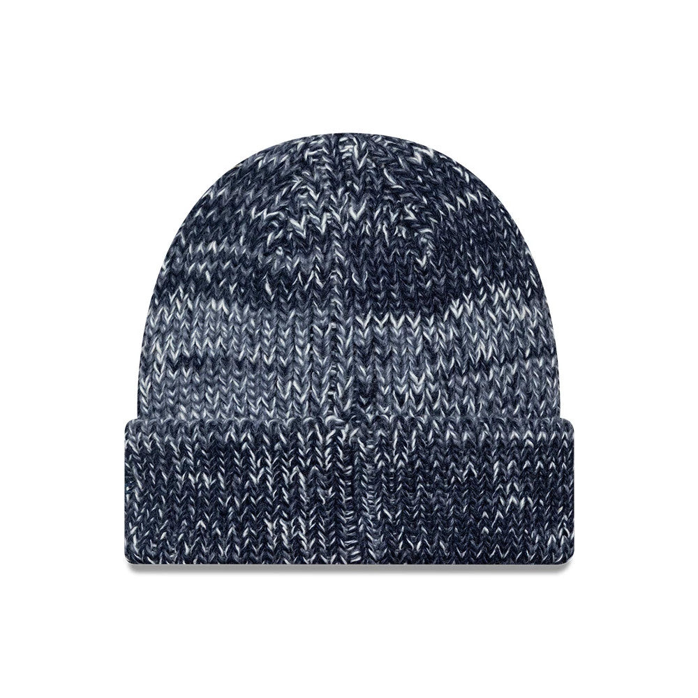 New Era LA Dodgers MLB Chunky Knit Blue Cuff Knit Beanie Hat, front view showing intricate blue and white marled knitting with a thick folded cuff, displaying its cosy texture and uniform stitch pattern throughout the structured design.
