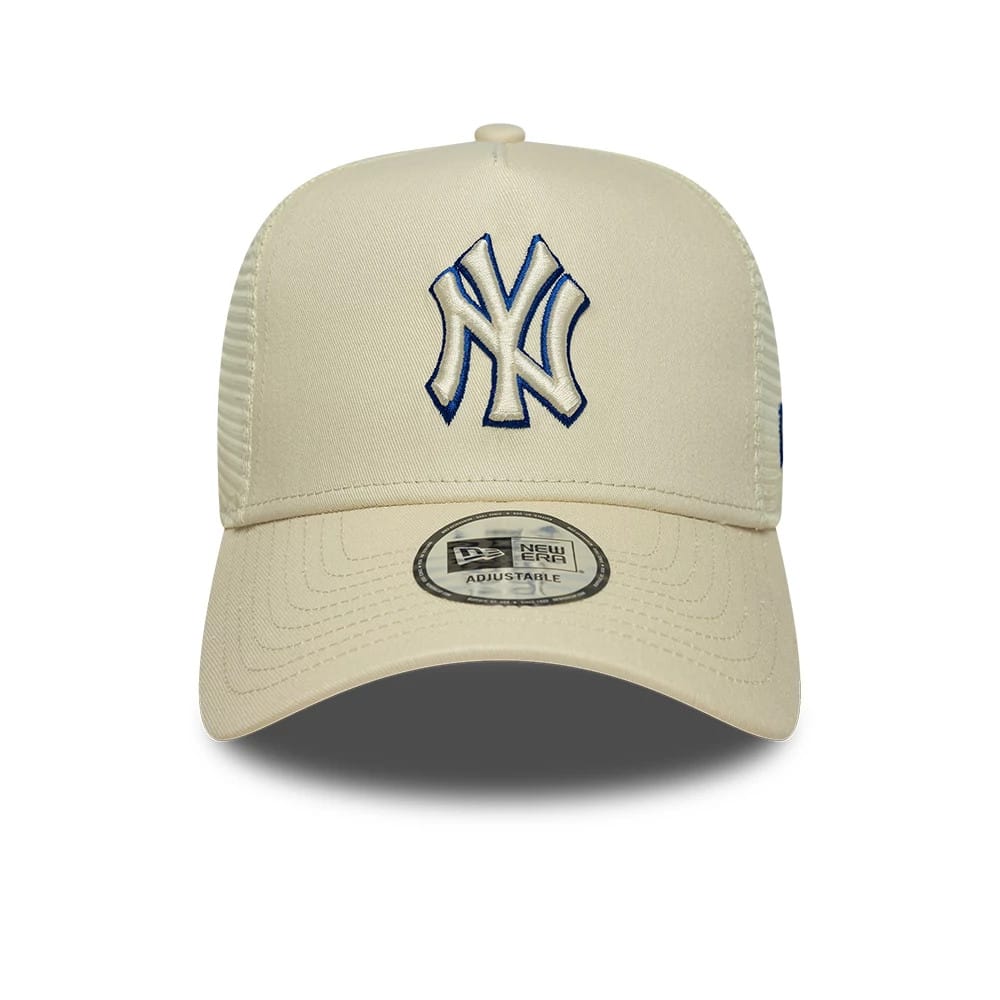 Pictured is this MLB Outline New York Yankees 9FORTY E-Frame Trucker cap in cream. 2