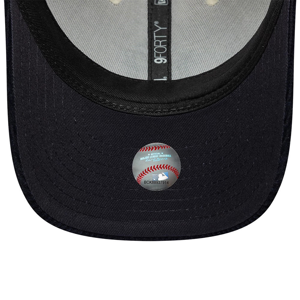 New York Yankees MLB Cord White & Black New Era 9FORTY M-Crown Adjustable Cap, inside view showing the black undervisor with an Official MLB sticker, grey taping with the 9FORTY logo, and a light grey sweatband lining the interior.