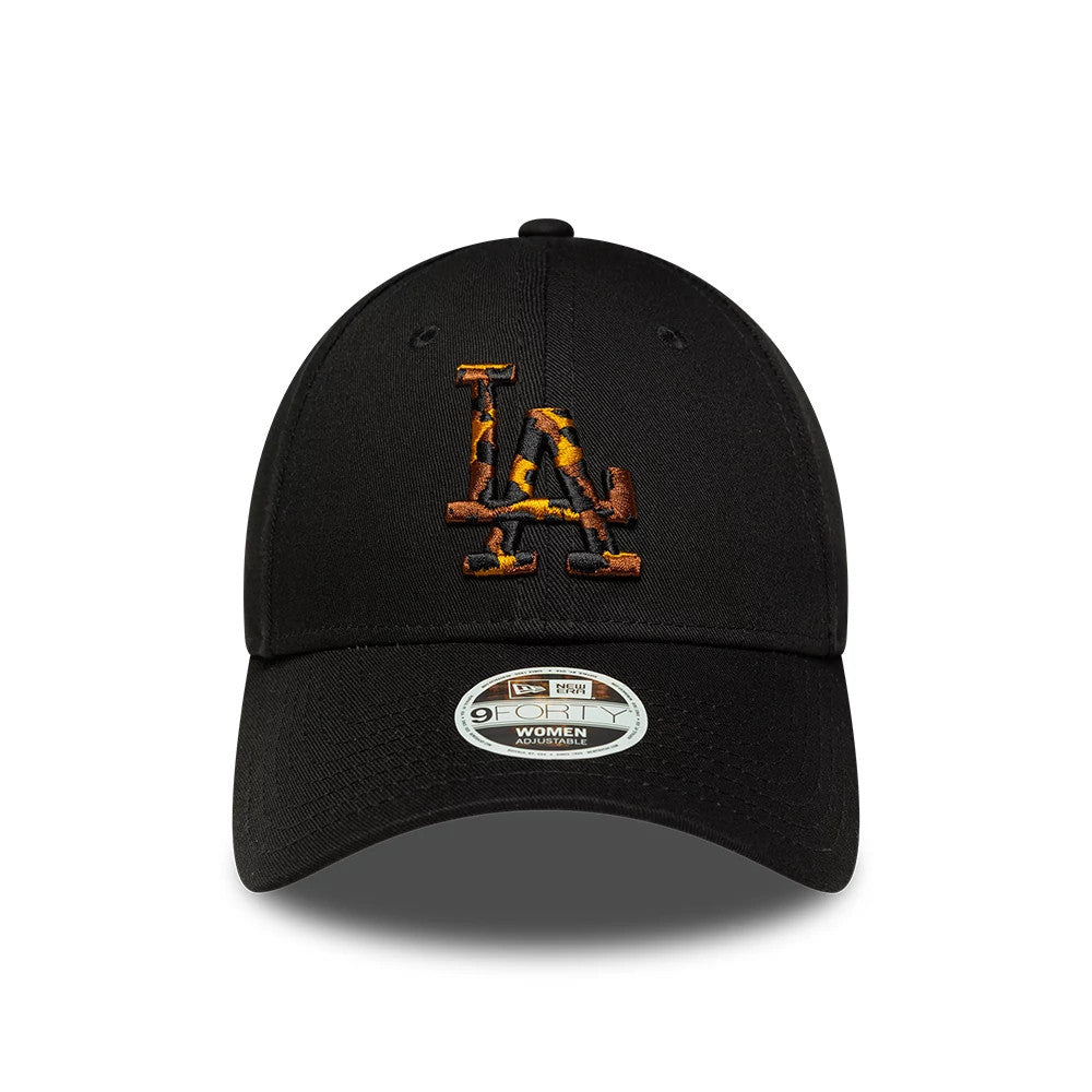 LA Dodgers Womens MLB Tortoise Infill Black New Era 9FORTY Adjustable Cap, front view showing the tortoise shell patterned LA logo in raised embroidery on the black structured crown, with eyelets and a 9FORTY size sticker on the black curved visor.