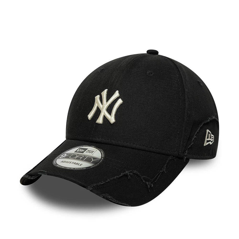 New York Yankees MLB Stitched Black New Era 9FORTY Adjustable Cap, three-quarter view showing the raised white embroidered NY logo on the front panel, black fabric with distressed edges on the curved visor, and 9FORTY size sticker on the visor.