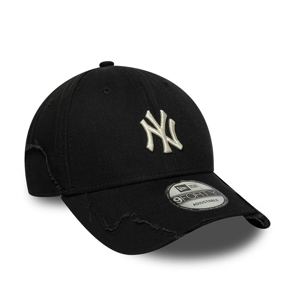 New York Yankees MLB Stitched Black New Era 9FORTY Adjustable Cap, three-quarter view showing the raised embroidery of the NY logo on the front panel, distressed along the visor edge, and the 9FORTY size sticker on the black curved visor.
