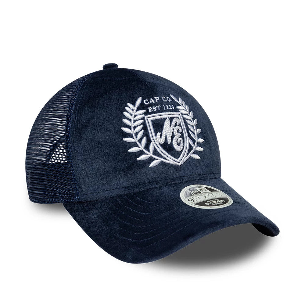 Pictured is this Womens New Era Velour 9FORTY M-Crown A-Frame Trucker cap in navy. 3