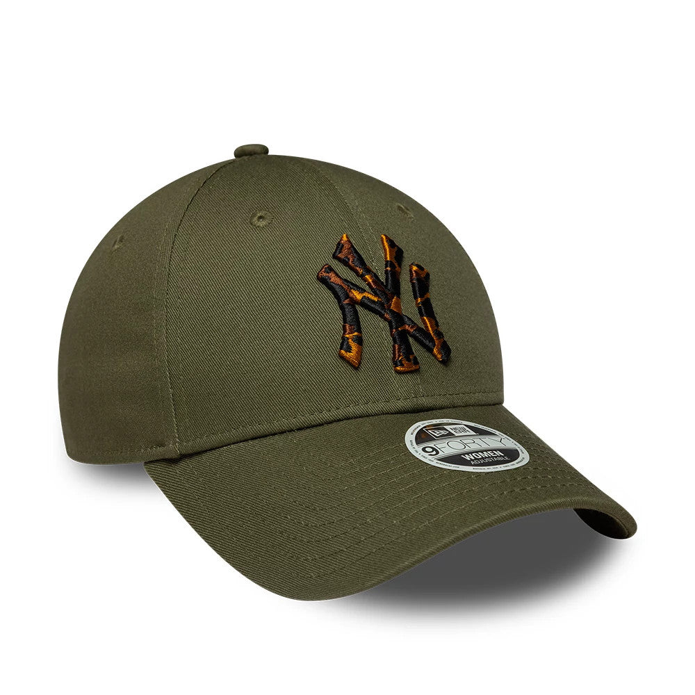 New York Yankees Womens MLB Tortoise Infill Green New Era 9FORTY Adjustable Cap, three-quarter view showing the tortoise infill NY logo in raised embroidery on the front panel, a curved visor with a 9FORTY size sticker, and olive green fabric.