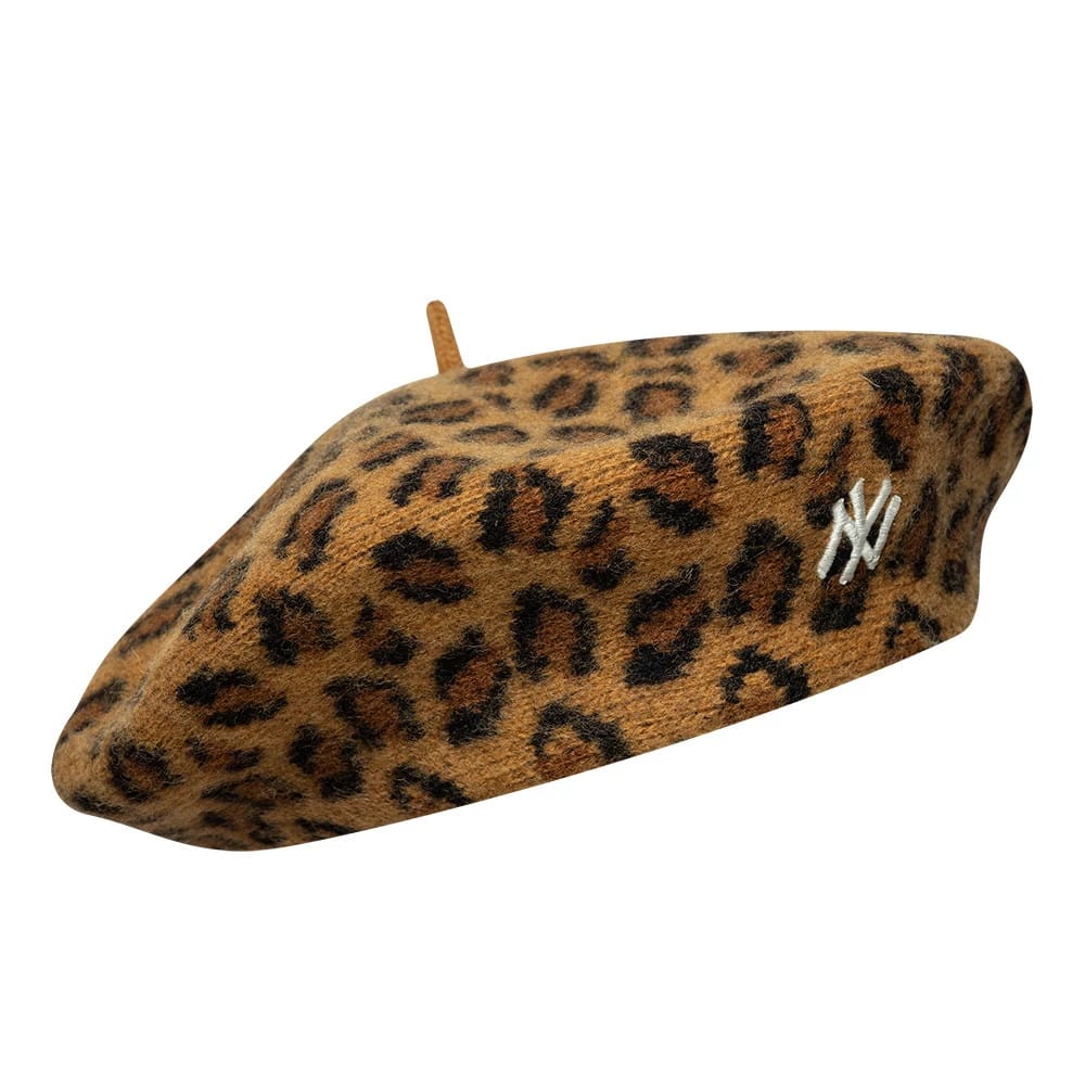 Pictured is this MLB Leopard New York Yankees Beret in beige. 3