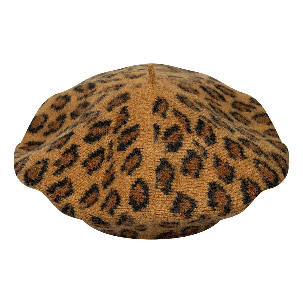 New Era New York Yankees MLB Leopard Beige Beret, top view showing the detailed leopard print pattern across the beige fabric, with a classic beret shape and a small fabric top button centred for added style.