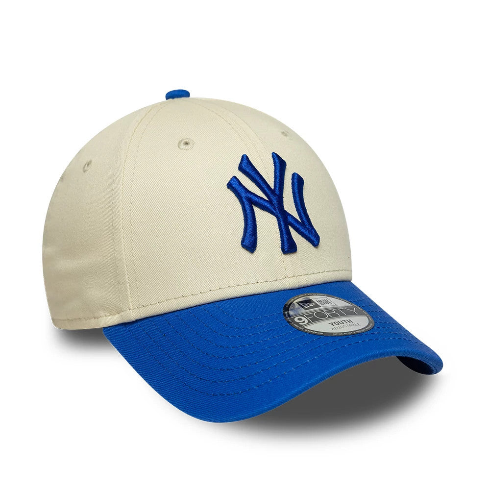 Pictured is this Youth MLB League Essential New York Yankees 9FORTY cap in cream & blue. 3