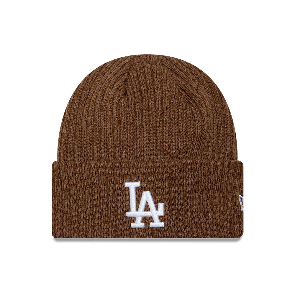 New Era LA Dodgers MLB Wide Brown Cuff Knit Beanie Hat, front view showing the white embroidered LA logo prominently on the wide brown cuff, with a ribbed knit texture and the New Era flag logo on the left side.