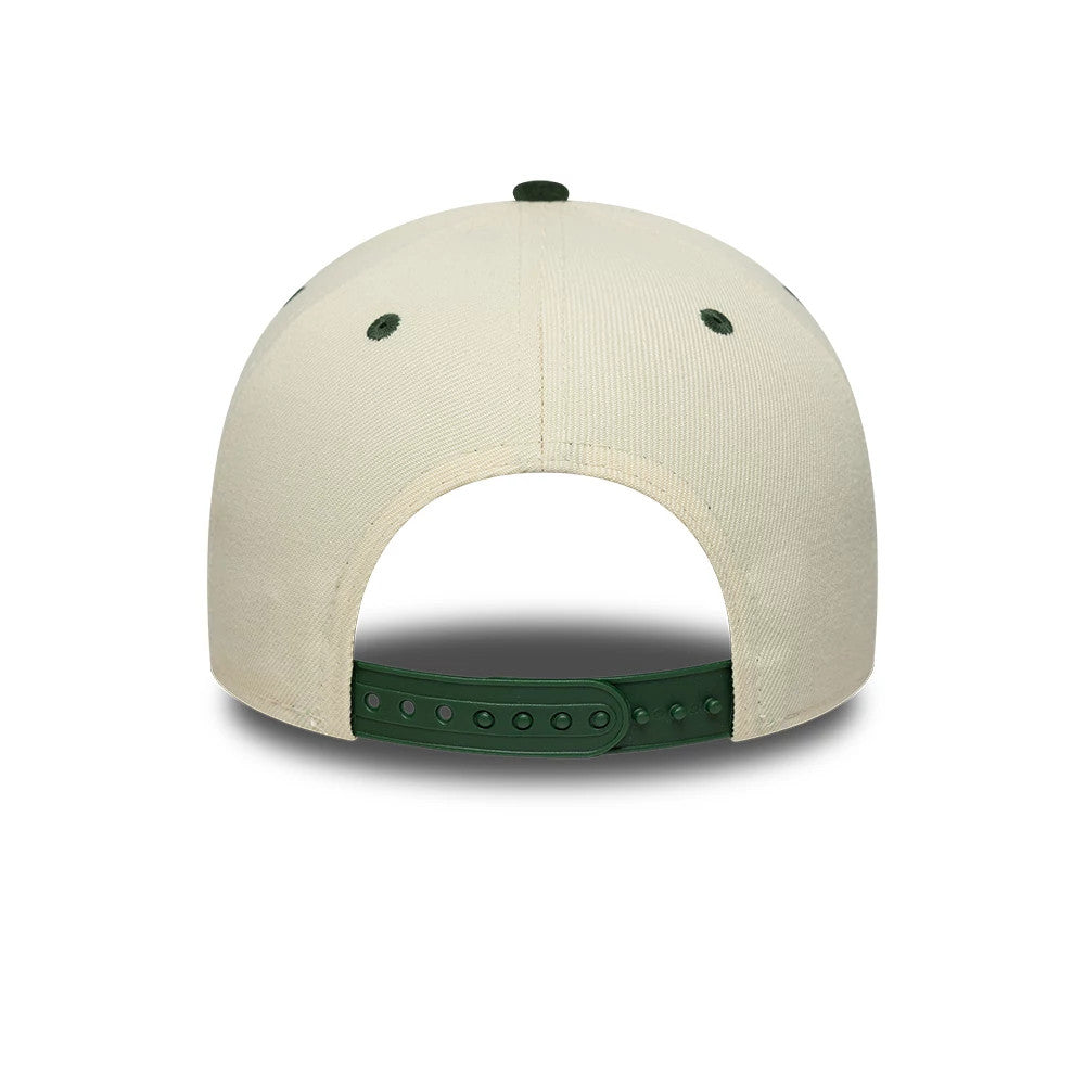 New York Yankees MLB Suede Cream & Green New Era 9FORTY E-Frame Adjustable Cap, rear view showing a cream structured crown with matching eyelets, a green top button, and an adjustable green strap at the back.