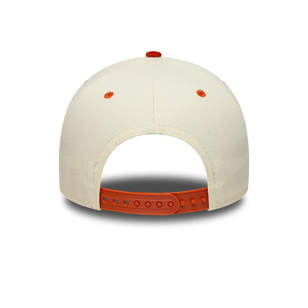 New York Yankees MLB Suede Cream & Orange New Era 9FORTY E-Frame Adjustable Cap, rear view showing the orange snapback closure, contrasting with the cream fabric of the structured crown, and matching orange embroidered eyelets and top button.
