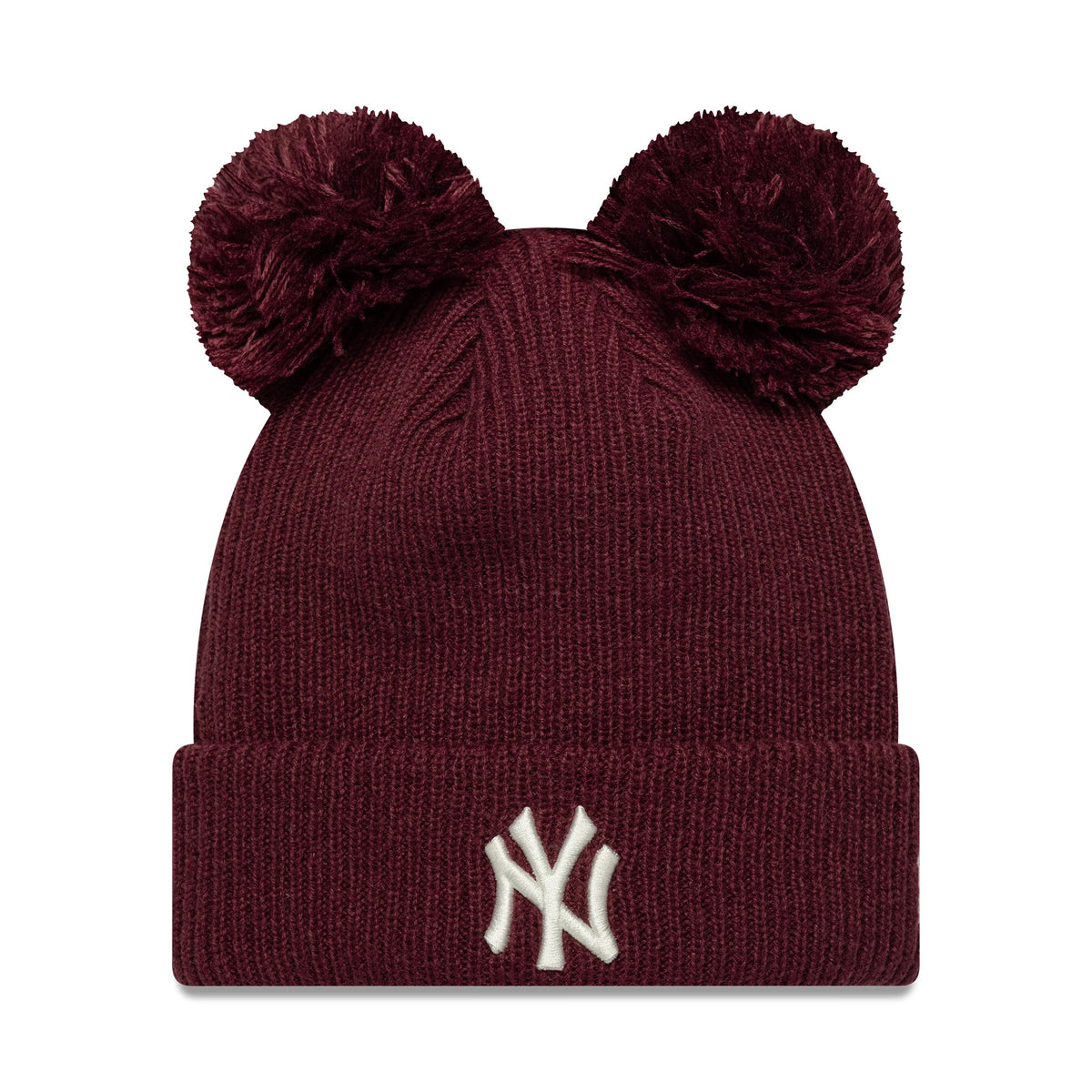 New Era New York Yankees Womens MLB Double Pom Dark Red Cuff Knit Beanie Hat, front view showing the white embroidered NY logo on the cuff, complemented by two dark red pom-poms on top and a ribbed knit design throughout the cap.