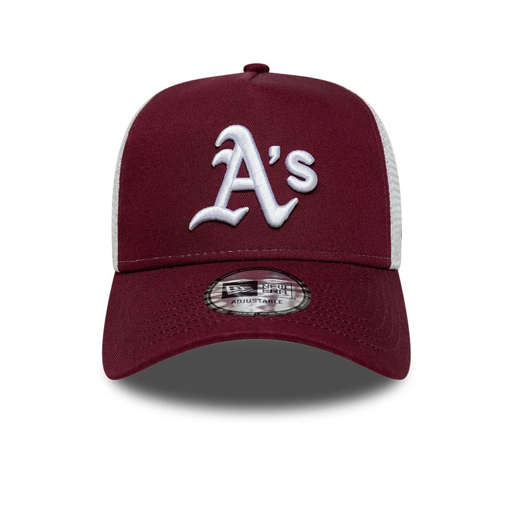 Pictured is this MLB League Essential Athletics 9FORTY A-Frame Trucker cap in dark red. 2