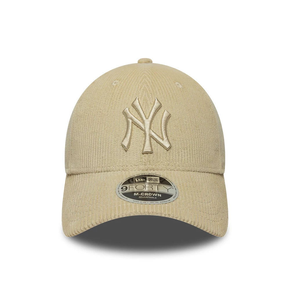 New York Yankees MLB Cord Cream New Era 9FORTY M-Crown Adjustable Cap, front view showing the raised embroidered NY logo on the structured cream cord crown, with a matching curved visor and 9FORTY size sticker placed centrally.