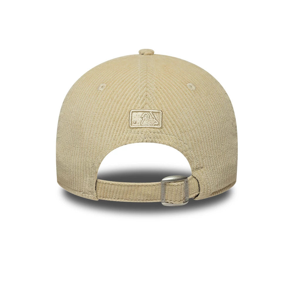 New York Yankees MLB Cord Cream New Era 9FORTY M-Crown Adjustable Cap, rear view showing the cream embroidered MLB Batterman logo at the centre of the back panels, with a curved cream cord visor and an adjustable strap featuring a clasp.