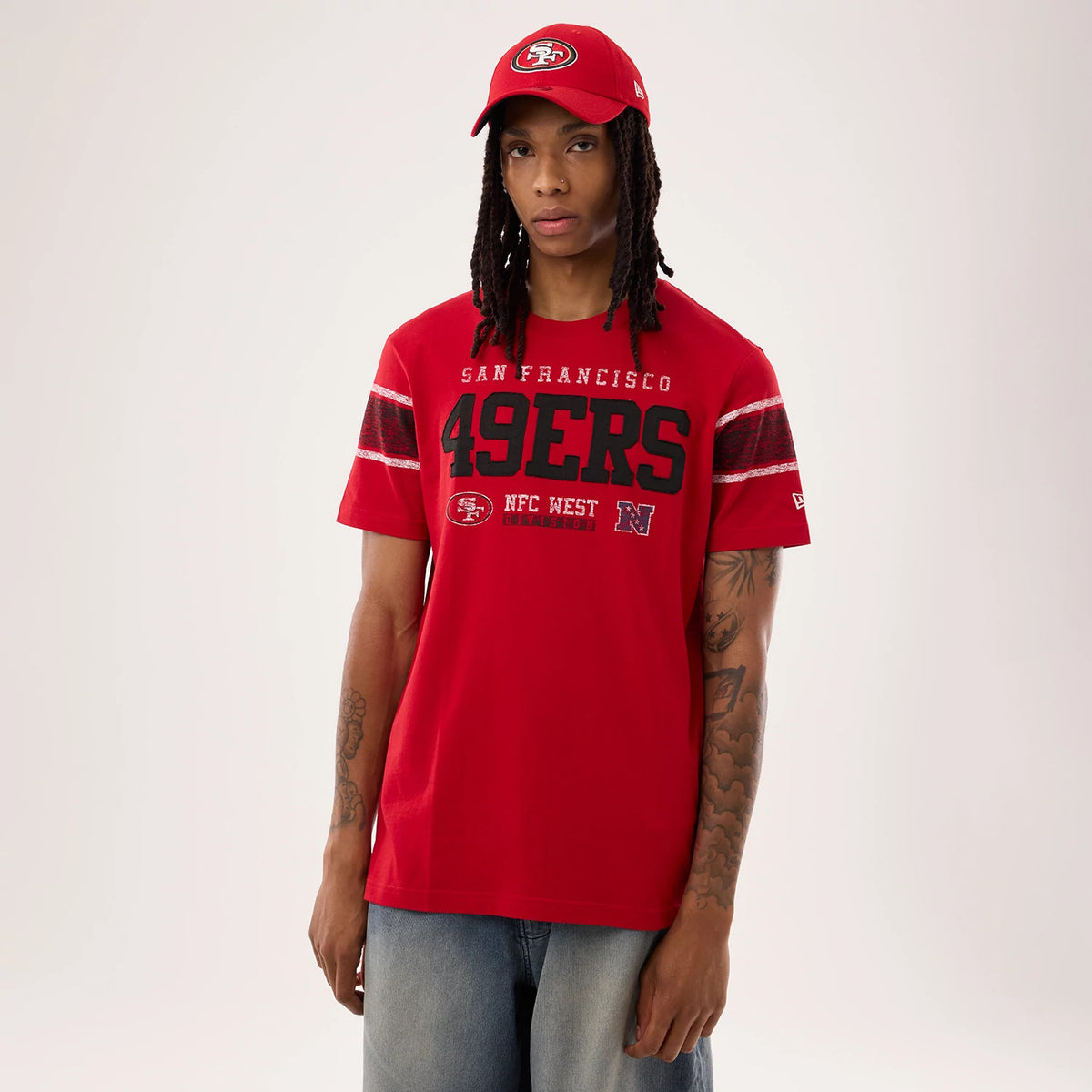 The model is wearing this NFL Sideline 2026 San Francisco 49ers T-Shirt in red. 1