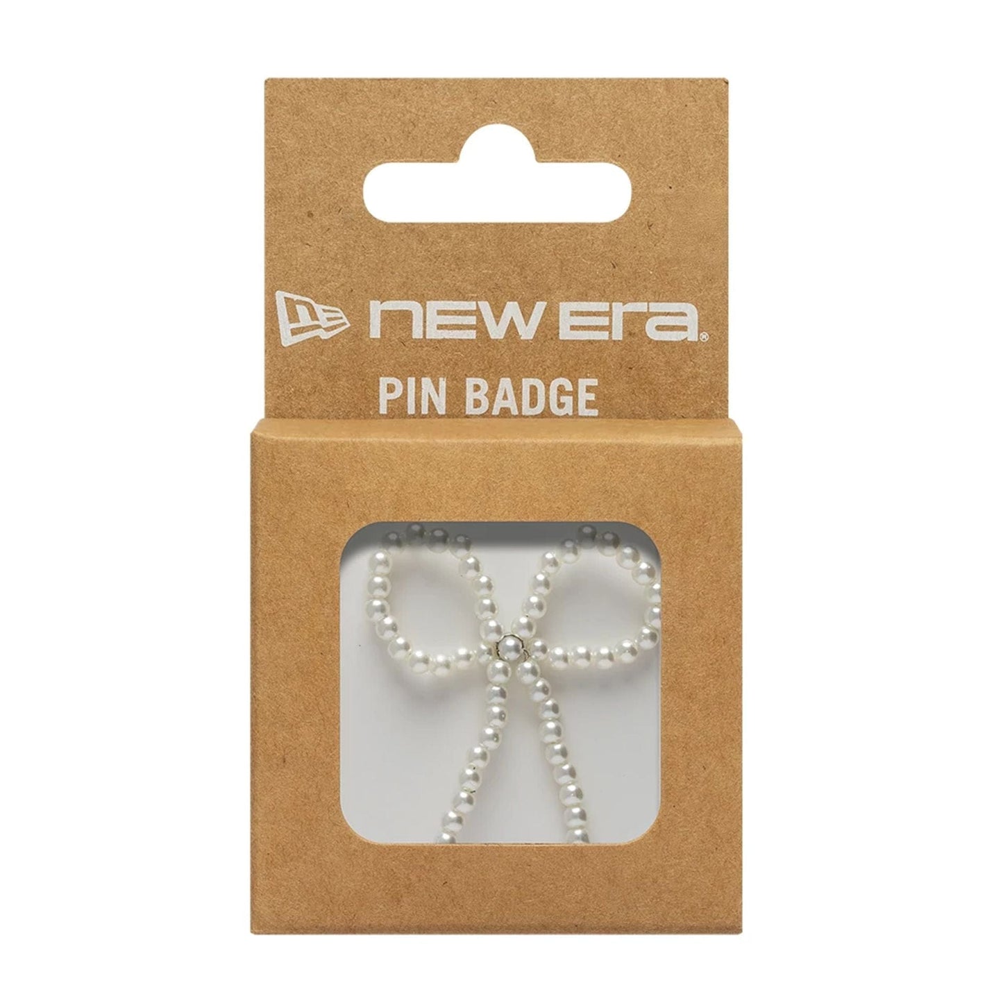 Pictured is this New Era Faux Pearl Bow Pin Badge in White. 3