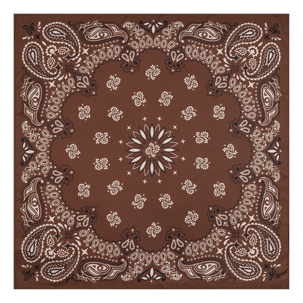 New Era Paisley Satin Brown Bandana, top view showing intricate white paisley motifs framing the edges, a central floral star pattern in the middle, and additional small decorative elements scattered across the rich brown satin fabric.