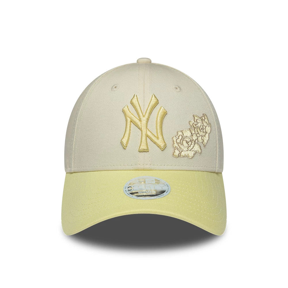 New York Yankees Womens MLB Floral Cream & Yellow New Era 9FORTY Adjustable Cap, front view showing the raised yellow embroidered NY logo on the cream crown, floral embroidery on the front panel, and a yellow curved visor with a 9FORTY size sticker.
