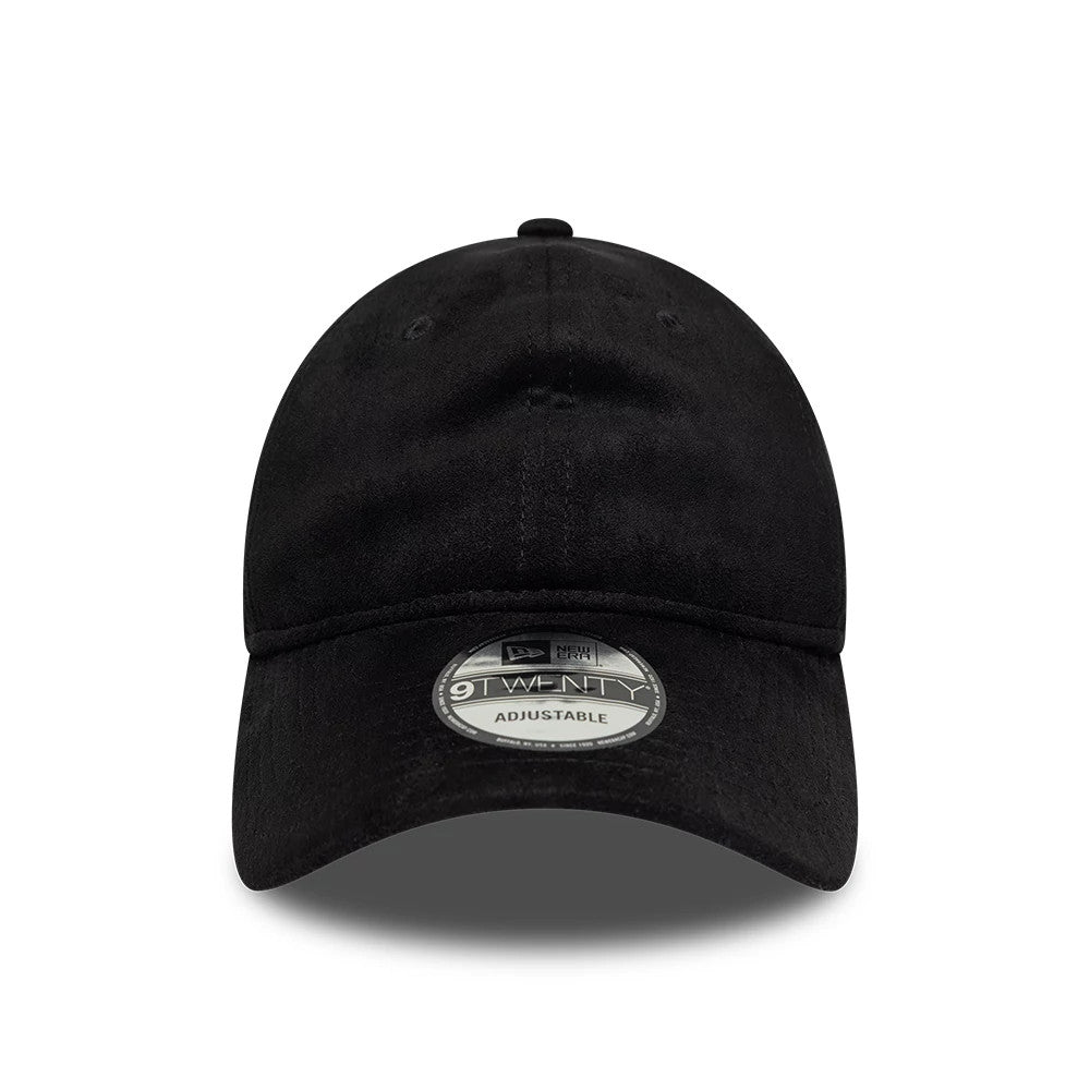 New Era Textured Black New Era 9TWENTY Adjustable Cap, front view showing the black textured fabric with a curved visor and black top button, featuring the 9TWENTY size sticker prominently placed on the centre of the visor.