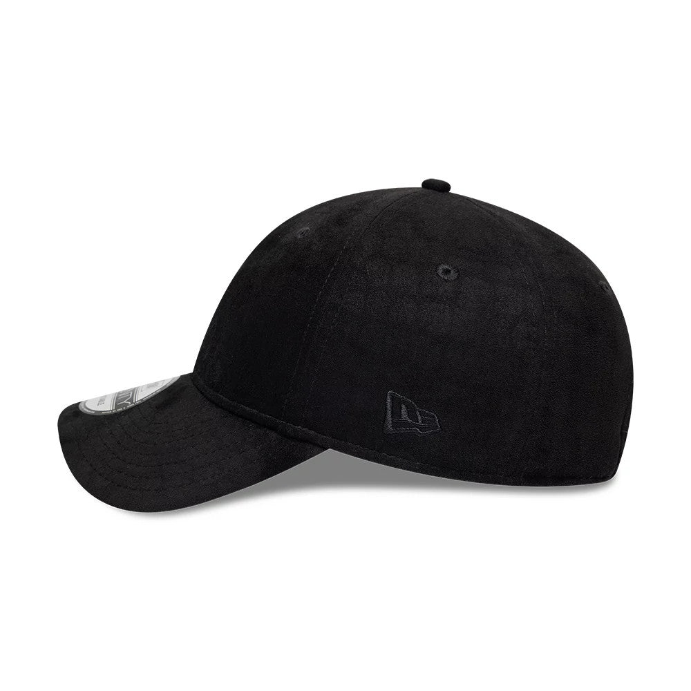 New Era Textured Black New Era 9TWENTY Adjustable Cap, side view showing the textured black fabric, the black embroidered New Era flag logo on the left side, and the curved black visor with a 9TWENTY size sticker underneath.