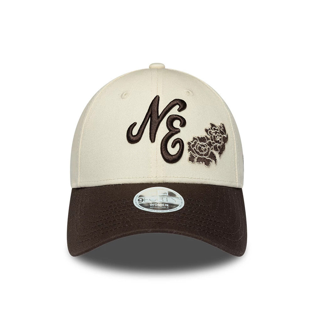 Womens New Era Floral Light Beige 9FORTY Adjustable Cap, front view showing the raised brown embroidered NE lettering and floral design on the light beige front panel, with a dark brown curved visor and 9FORTY size sticker.