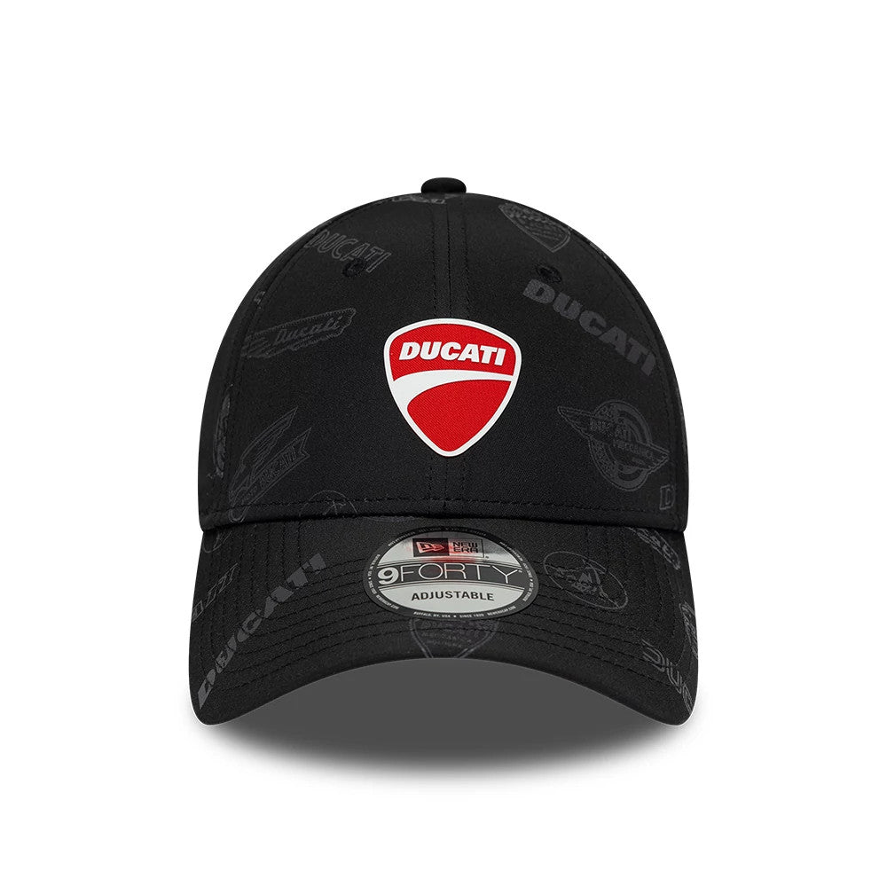 Ducati Motor Logo All Over Print Black New Era 9FORTY Adjustable Cap, front view showing the raised red and white Ducati logo embroidered on the front panel, with a curved black visor and 9FORTY size sticker.